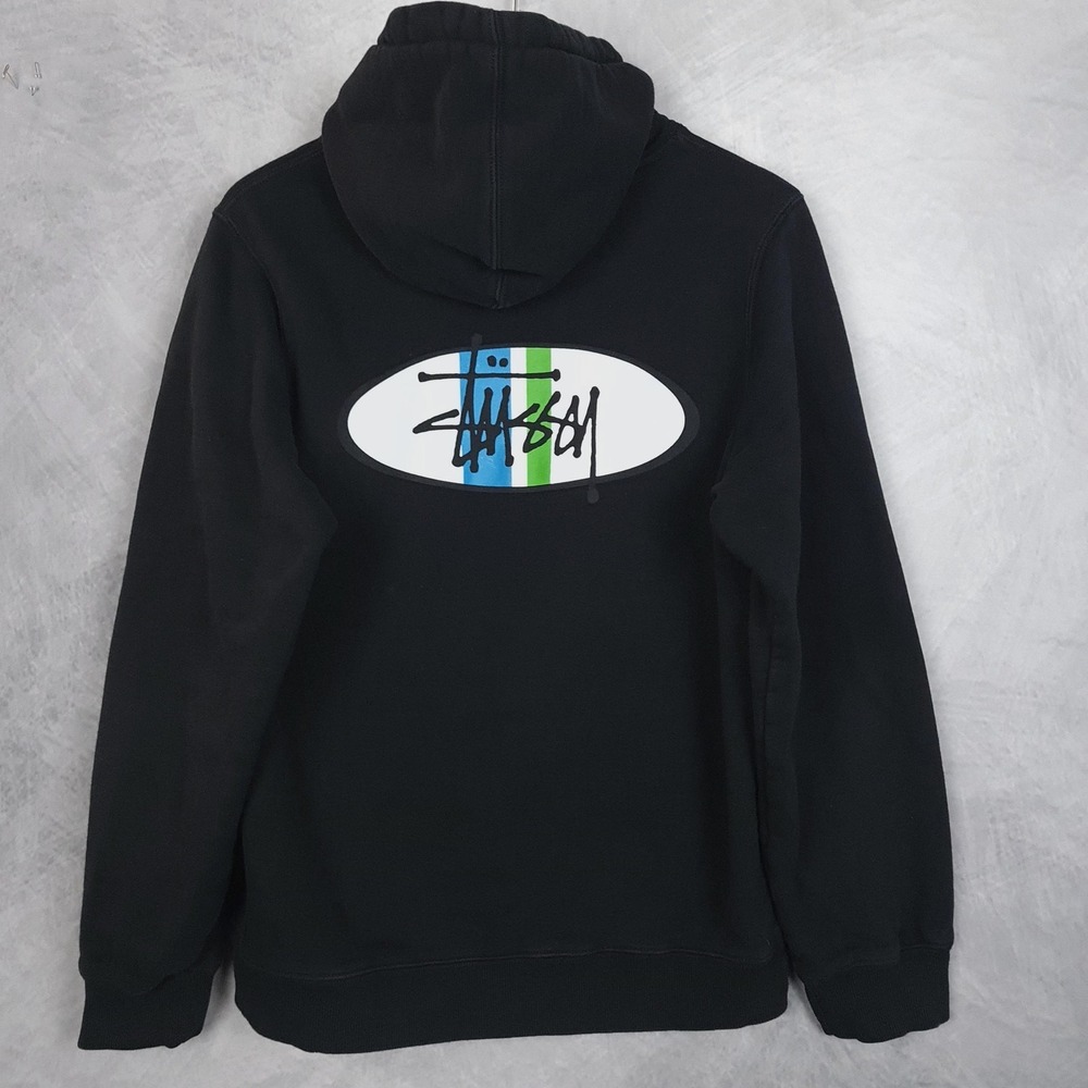 Stussy Hoodie Mens Large Black Oval Logo Fleece Pullover Graphic Back Hit - Picture 11 of 16